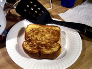 A grilled cheese sitting on a plate.